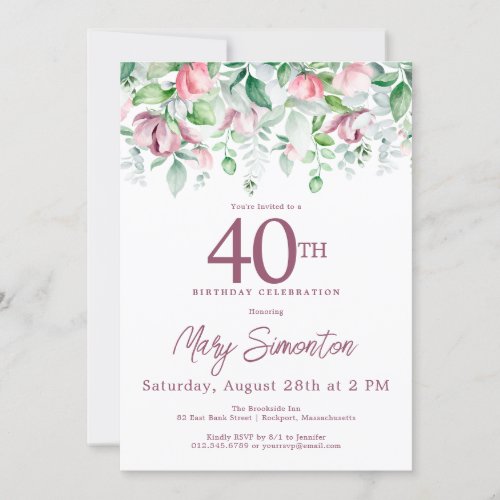 Exquisite Pink Mauve Floral 40th Birthday  Invitation