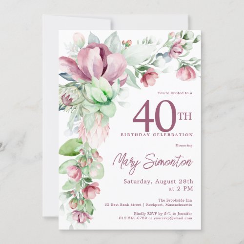 Exquisite Pink Mauve Floral 40th Birthday Invitation