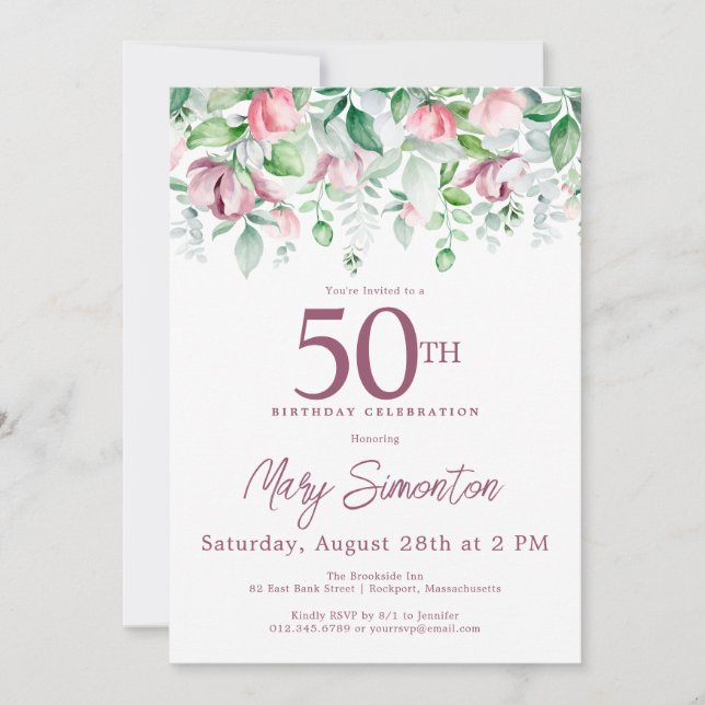 Exquisite Pink Mauve Floral 50th Birthday  Invitation (Front)