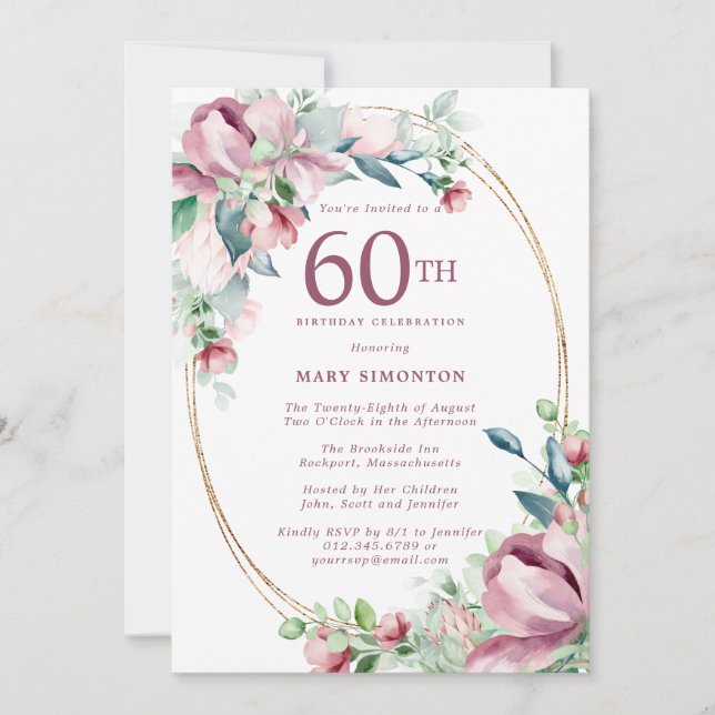 Exquisite Pink Mauve Floral 60th Birthday Invitation (Front)