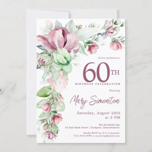Exquisite Pink Mauve Floral 60th Birthday Invitation