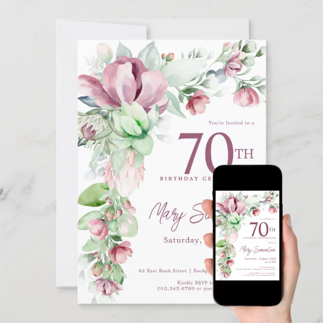 Exquisite Pink Mauve Floral 70th Birthday Invitation Zazzle