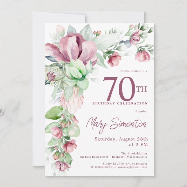 Exquisite Pink Mauve Floral 70th Birthday Invitation (Front)