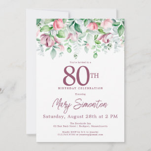 Exquisite Pink Mauve Floral 80th Birthday Invitation