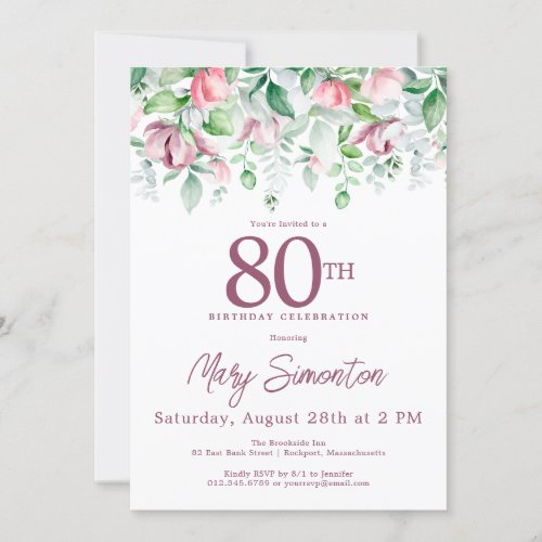 Exquisite Pink Mauve Floral 80th Birthday  Invitation