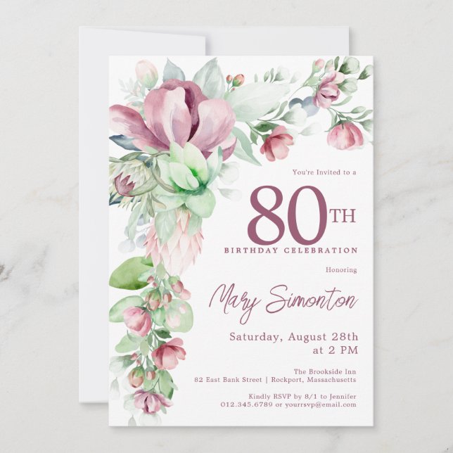 Exquisite Pink Mauve Floral 80th Birthday Invitation (Front)