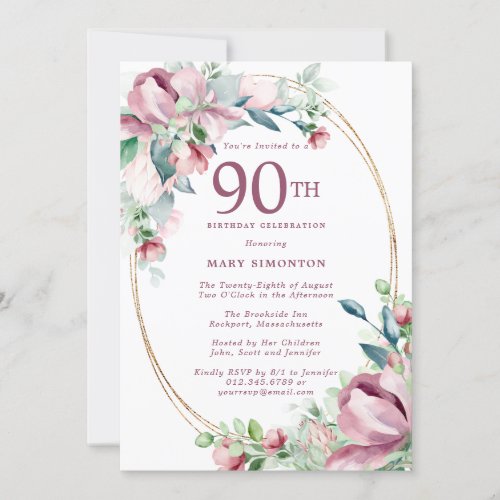 Exquisite Pink Mauve Floral 90th Birthday Invitation