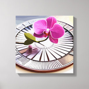 Exquisite Pink Orchid Rests on Silver Plate Canvas Print