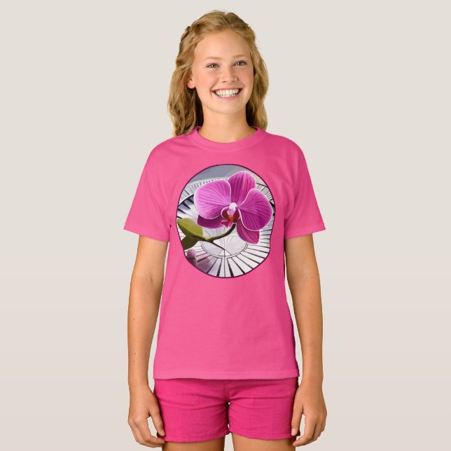 Exquisite Pink Orchid Rests on Silver Plate T-Shirt (Front Full)