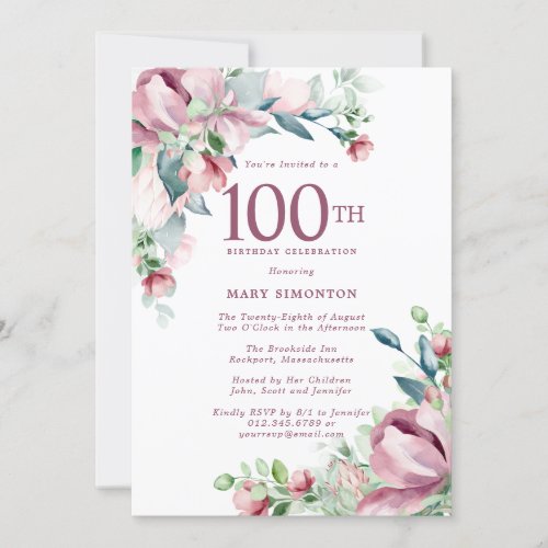 Exquisite Pink Rose Floral 100th Birthday Invitation
