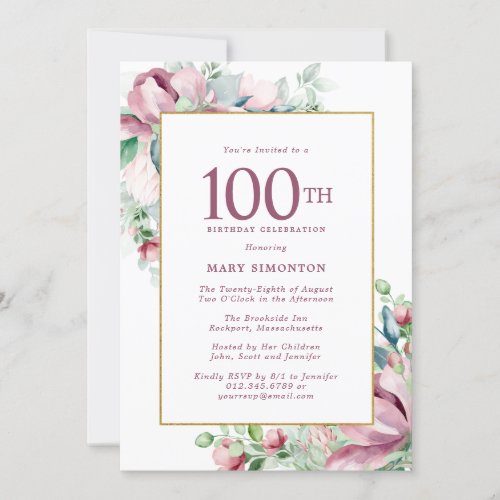 Exquisite Pink Rose Floral 100th Birthday Invitation