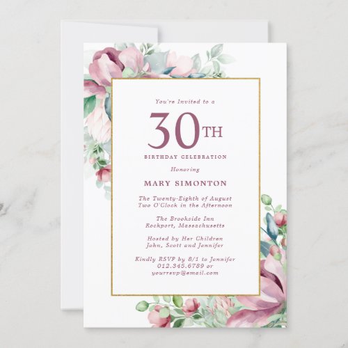 Exquisite Pink Rose Floral 30th Birthday Invitation