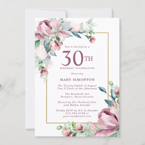 Exquisite Pink Rose Floral 30th Birthday Invitation