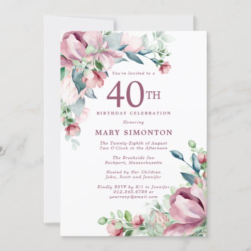 Exquisite Pink Rose Floral 40th Birthday Invitation