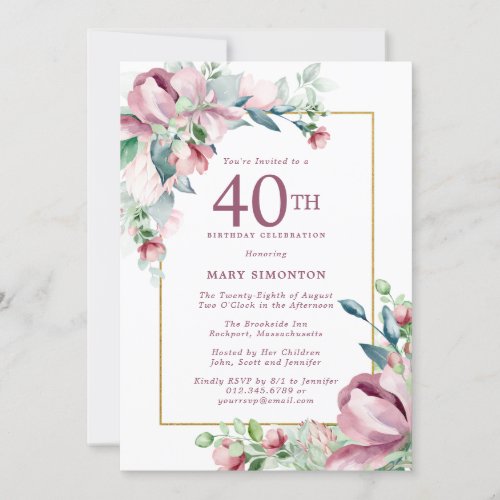 Exquisite Pink Rose Floral 40th Birthday Invitation