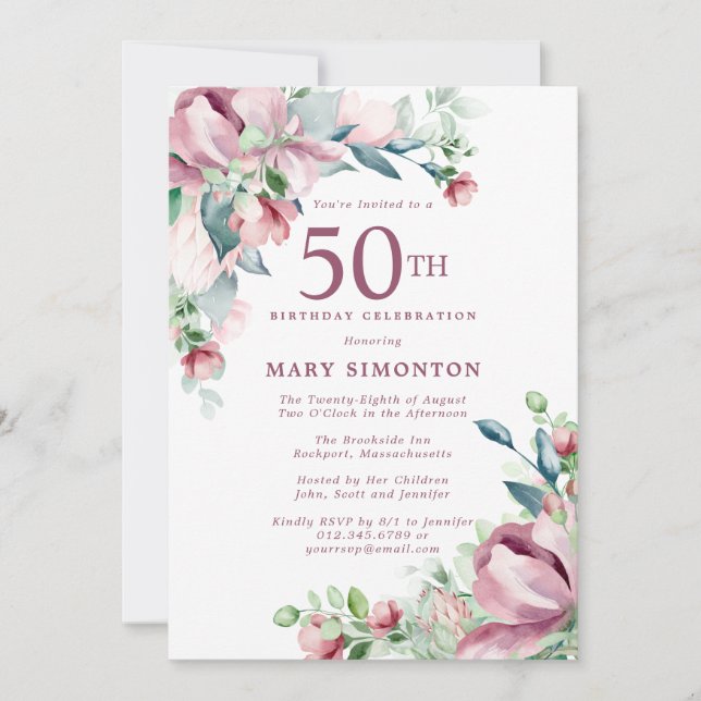 Exquisite Pink Rose Floral 50th Birthday Invitation (Front)