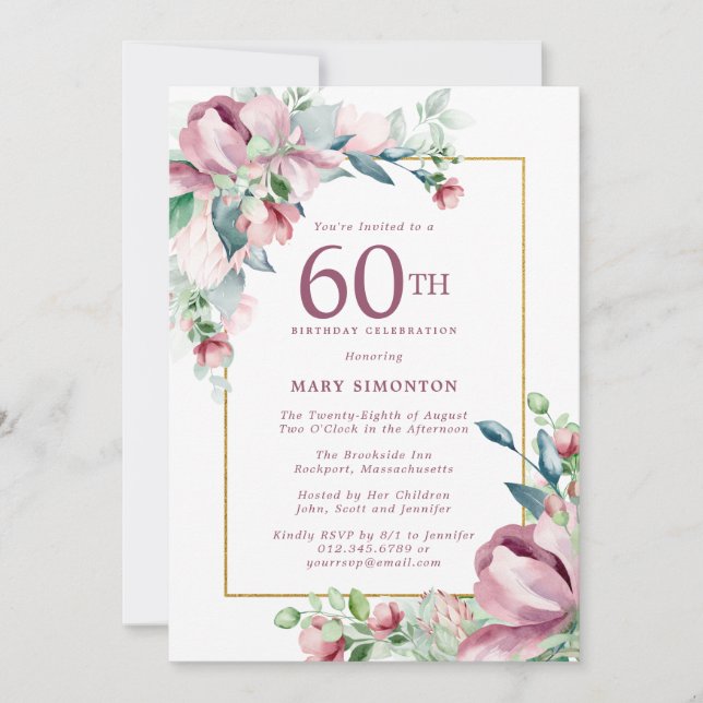 Exquisite Pink Rose Floral 60th Birthday Invitation (Front)
