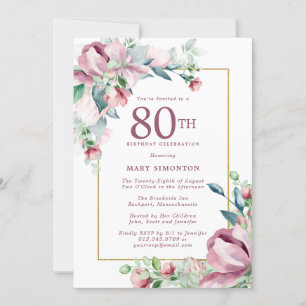 Exquisite Pink Rose Floral 80th Birthday Invitation