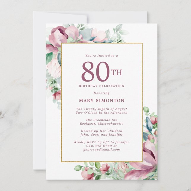 Exquisite Pink Rose Floral 80th Birthday Invitation (Front)