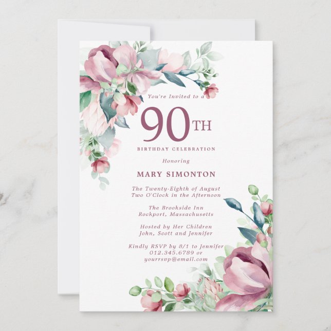 Exquisite Pink Rose Floral 90th Birthday Invitation (Front)