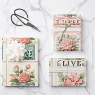 Exquisite Pink Valentines Vintage Floral Wrapping Paper Sheets