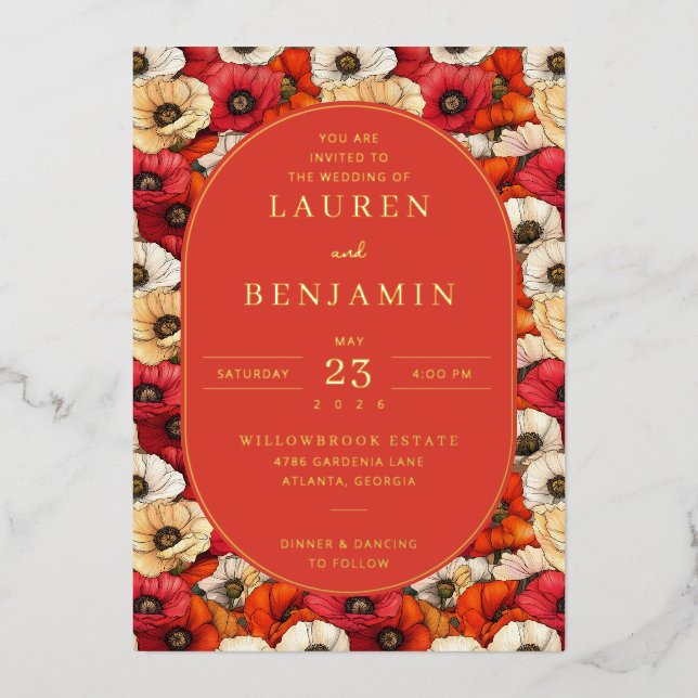Exquisite Red Floral Wedding Invitation Foil Invitation (Front)