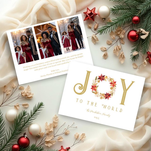 Exquisite Red Tones and Faux Gold Christmas Wreath Holiday Card (Exquisite Red Tones and Faux Gold Christmas Wreath Holiday Cards with Back 3-Photo)
