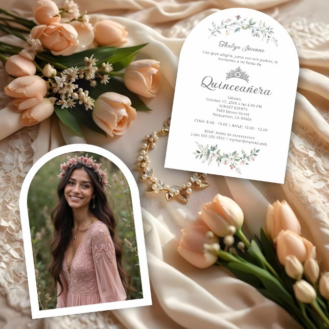 Exquisite Romantic Minimal Spring Floral Tiara XVs Invitation (Exquisite Romantic Minimalist Spring Floral Bouquet Quinceañera Spanish Invitations Cards.)