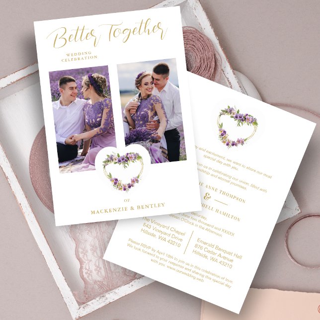 Exquisite Romantic Purple Shades Floral Heart Invitation (Exquisite Romantic Purple Shades Floral Heart & Faux Gold 2 Photos Wedding Invitation with Envelope.)
