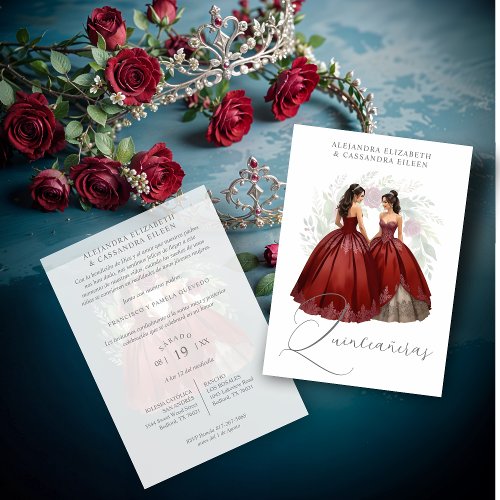 Exquisite Romantic Spanish Quinceaera Dolls Twins Invitation