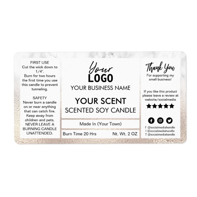 Exquisite Rose Gold And Marble Scented Soy Candle  Label (Front)