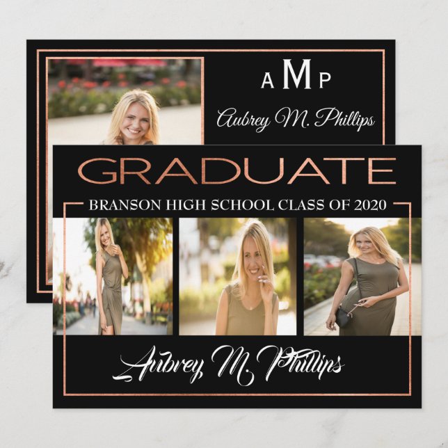 Exquisite Rose Gold Graduation Invitation (Front/Back)