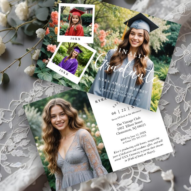 Exquisite Script Collage 4 Photos Timeline Grad Invitation (Exquisite Script Collage 4 Photos Timeline Graduation Party Invitation Card with Funny FINALLY, GRAD)