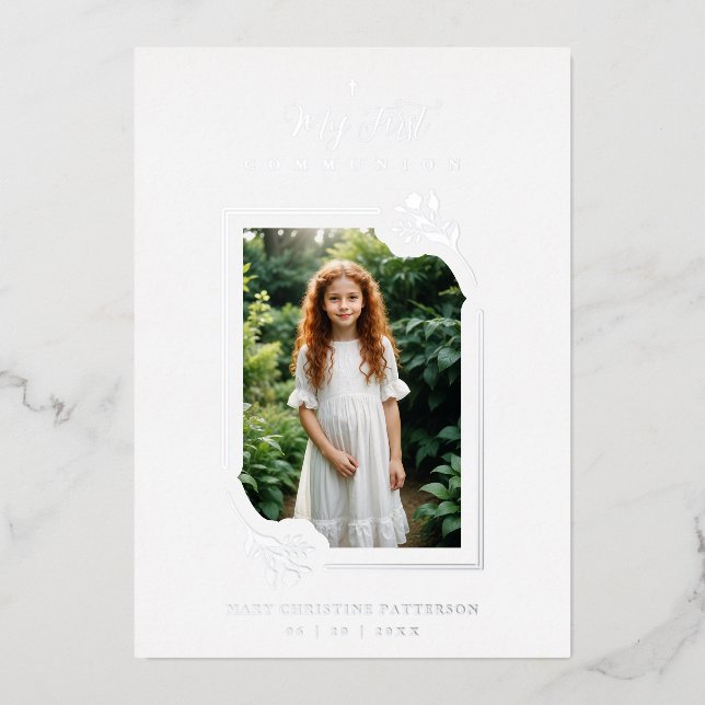 Exquisite Silver Botanical Frame First Communion  Foil Invitation (Front)