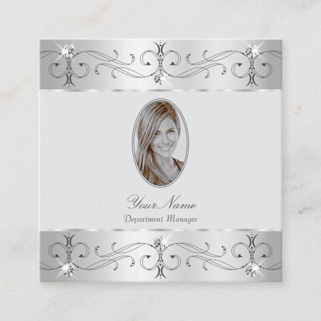 Exquisite Silver Gray Ornate Ornaments Add Photo Square Business Card (Front)