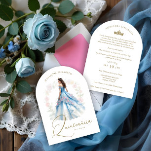 Exquisite Spanish Doll Quinceañera in Blue & Pink Invitation
