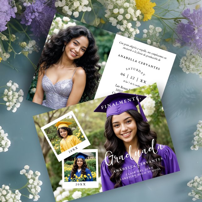 Exquisite Spanish Script Collage 4 Photos Timeline Invitation (Exquisite Spanish Script Collage 4 Photos Timeline Graduation Party Invitation Card with Funny Quote)