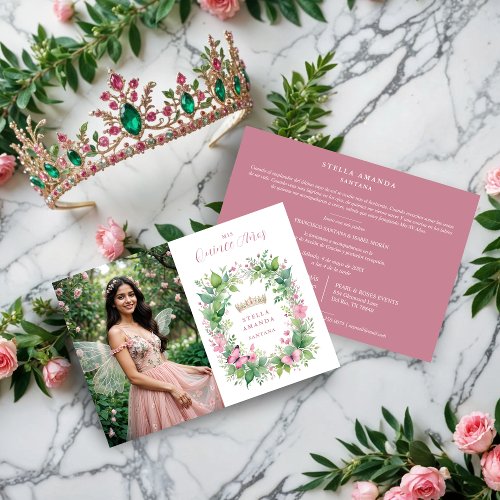 Exquisite Spring Tiara Pink  Green Floral Spanish Invitation