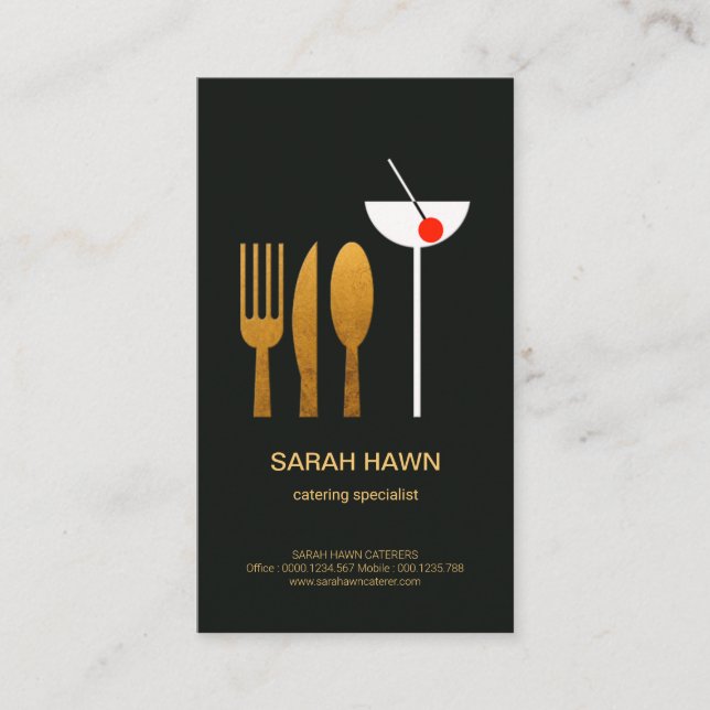 Exquisite Stain Gold Cutlery Martini Glass Caterer Business Card (Front)