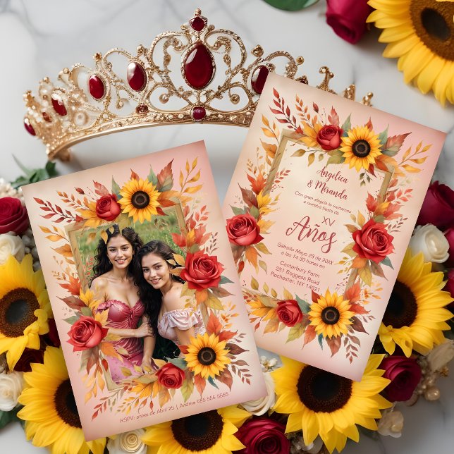 Exquisite Twins Botanical Frame Spanish Photo XVs Invitation (Exquisite Twins Sisters Botanical Frame Spanish Photo Mis XV Invitations Cards. )