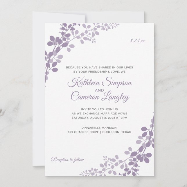 Exquisite Vines Wedding Invitation | Light Purple (Front)