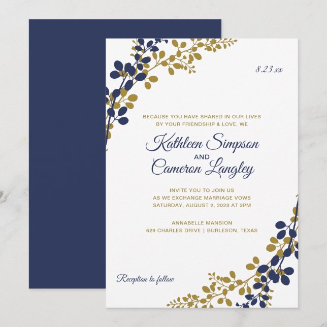 Exquisite Vines Wedding Invitation | Navy & Gold (Front/Back)