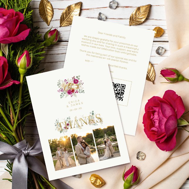 Exquisite Wedding Gold Rings Floral TLW26 Thank You Card (Exquisite Gold Rings Wedding Thank You Card with Elegant Cream Floral Bouquet Watercolor Effect.)