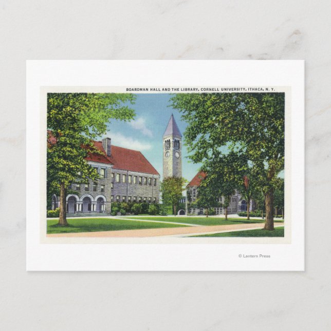 Exterior View of Boardman Hall and the Library Postcard (Front)