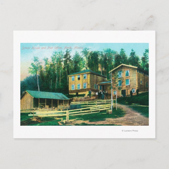 Exterior View of School House and Post Office Postcard (Front)
