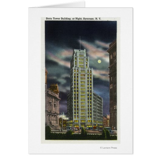 Exterior View of State Tower Building at Night Cards (Front)