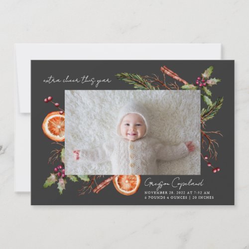 Extra Cheer Charcoal Holiday Baby Photo Birth Announcement