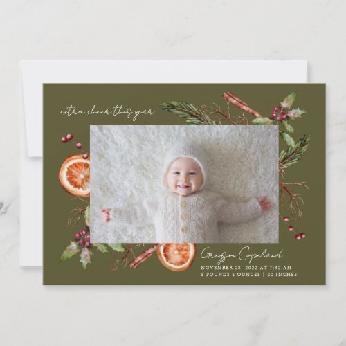 Extra Cheer Green Holiday Baby Photo Birth  Announcement