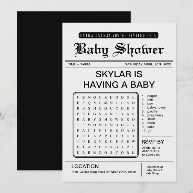 Extra Extra Baby Shower Newspaper Theme Invitation (Front/Back)