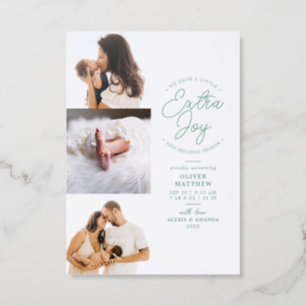 Extra Joy Green Holiday Pregnancy  Letterpress Photo Cards